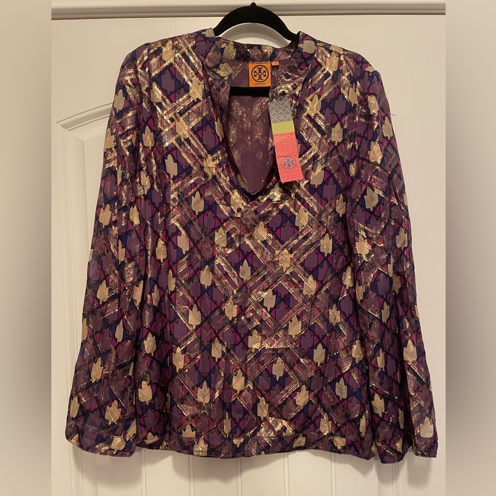 NWT Tory Burch Lame Chiffon Plaid Blouse in Purple Hastings Size 12